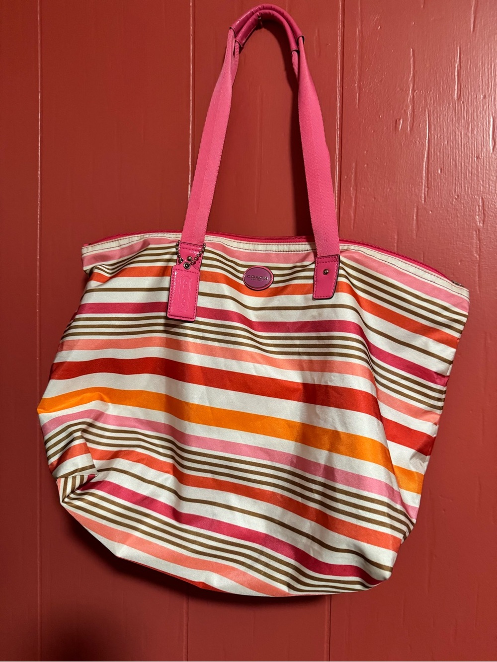 Coach Striped Nylon Tote in Pink, Orange & Brown